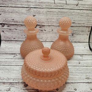 Vintage Pink Peach Hobnail Perfume Vanity Set powder dresser fancy
